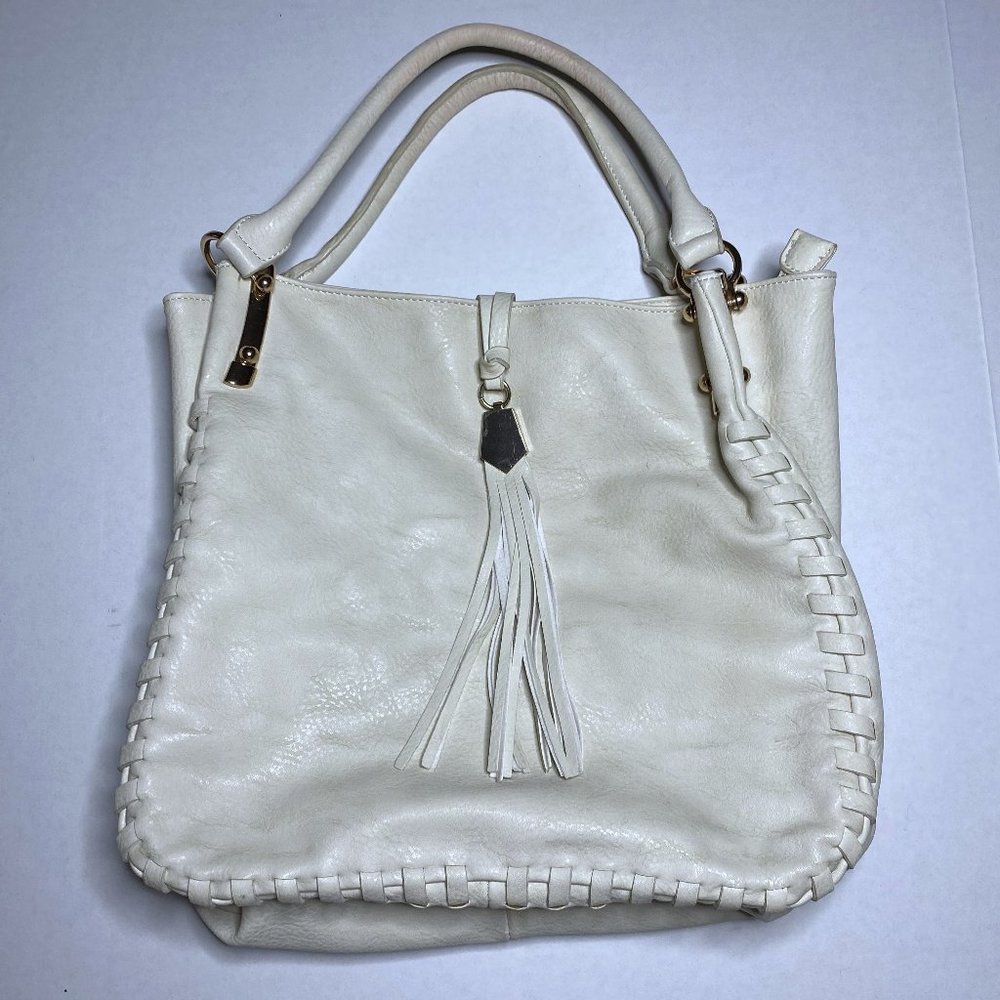 Big Buddha Cream Tassel Shoulder Bag Purse Faux Leather Hobo Large Zip Tote